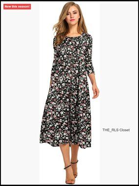 Rayon Spandex 3/4 Sleeve A-Line Flare Midi Dress